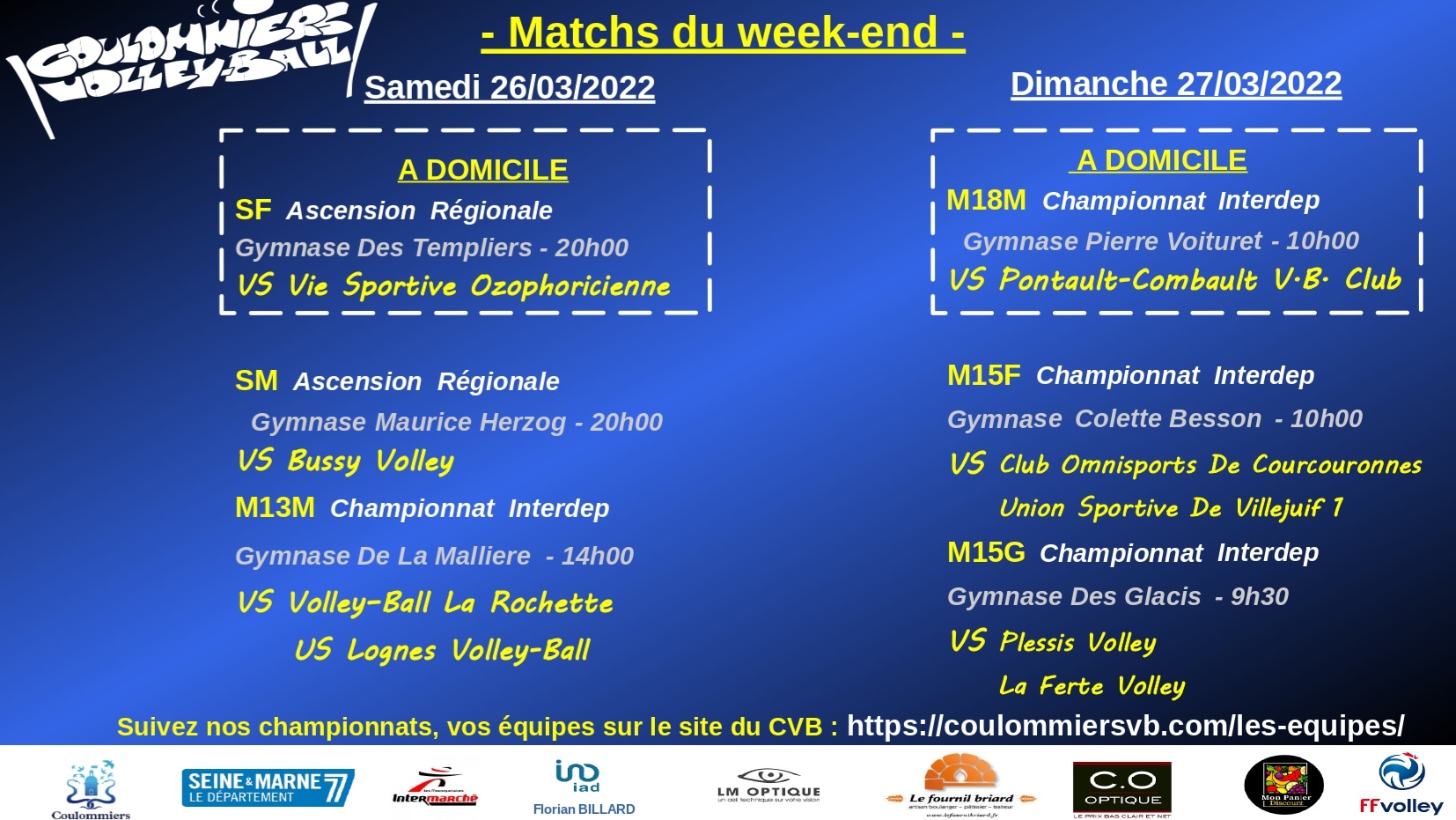 Matchs week-end du 26/27 mars 2022