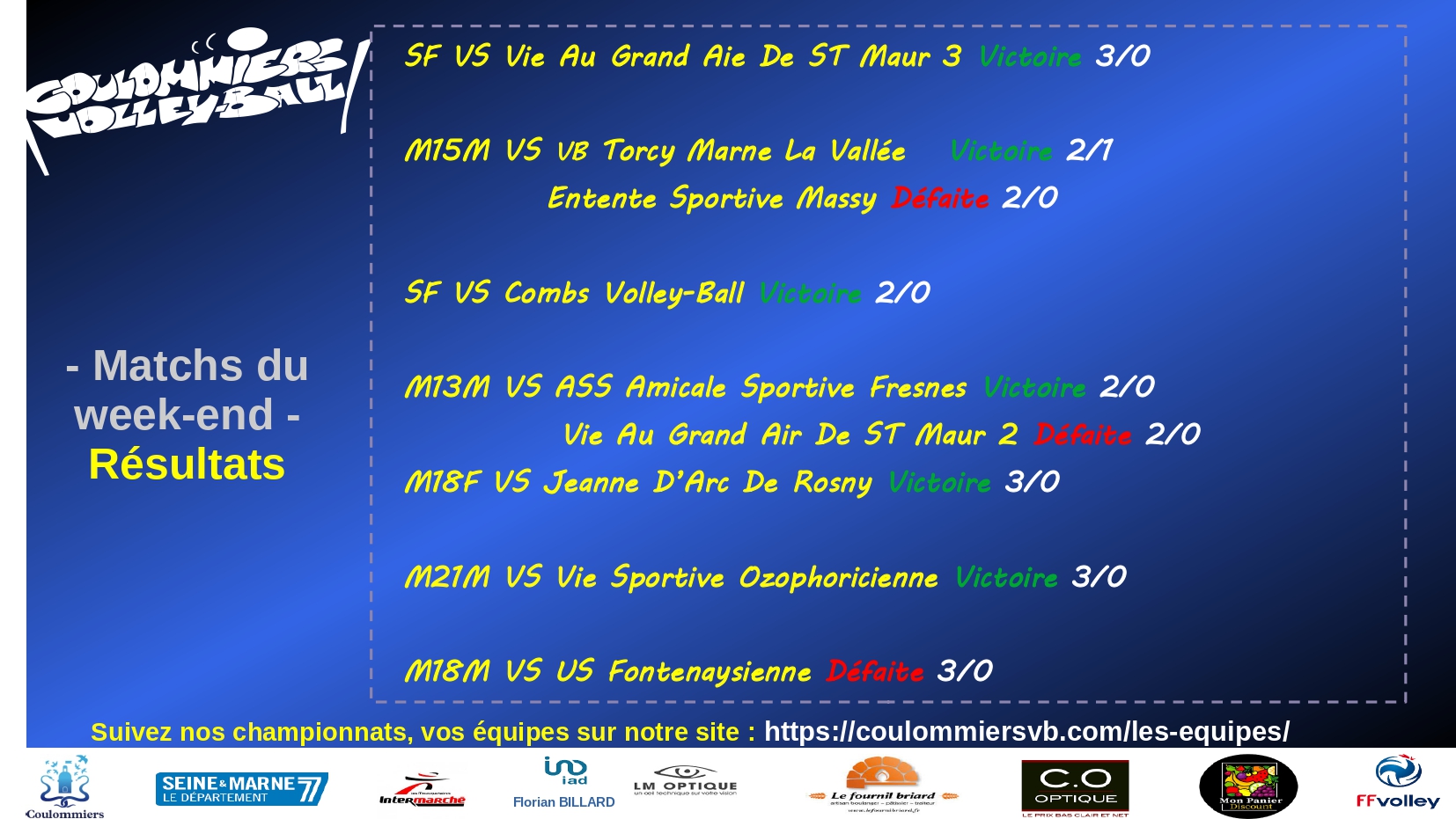 Résultats matchs week-end du 19/20 mars 2022