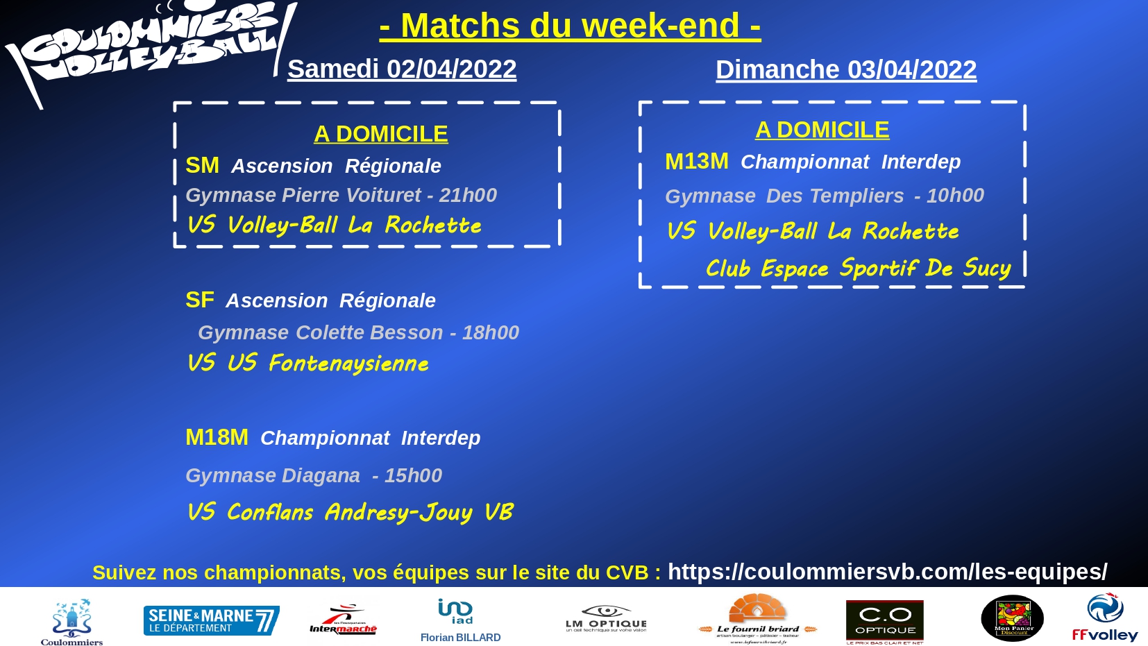 Matchs week-end du 2/3 avril 2022